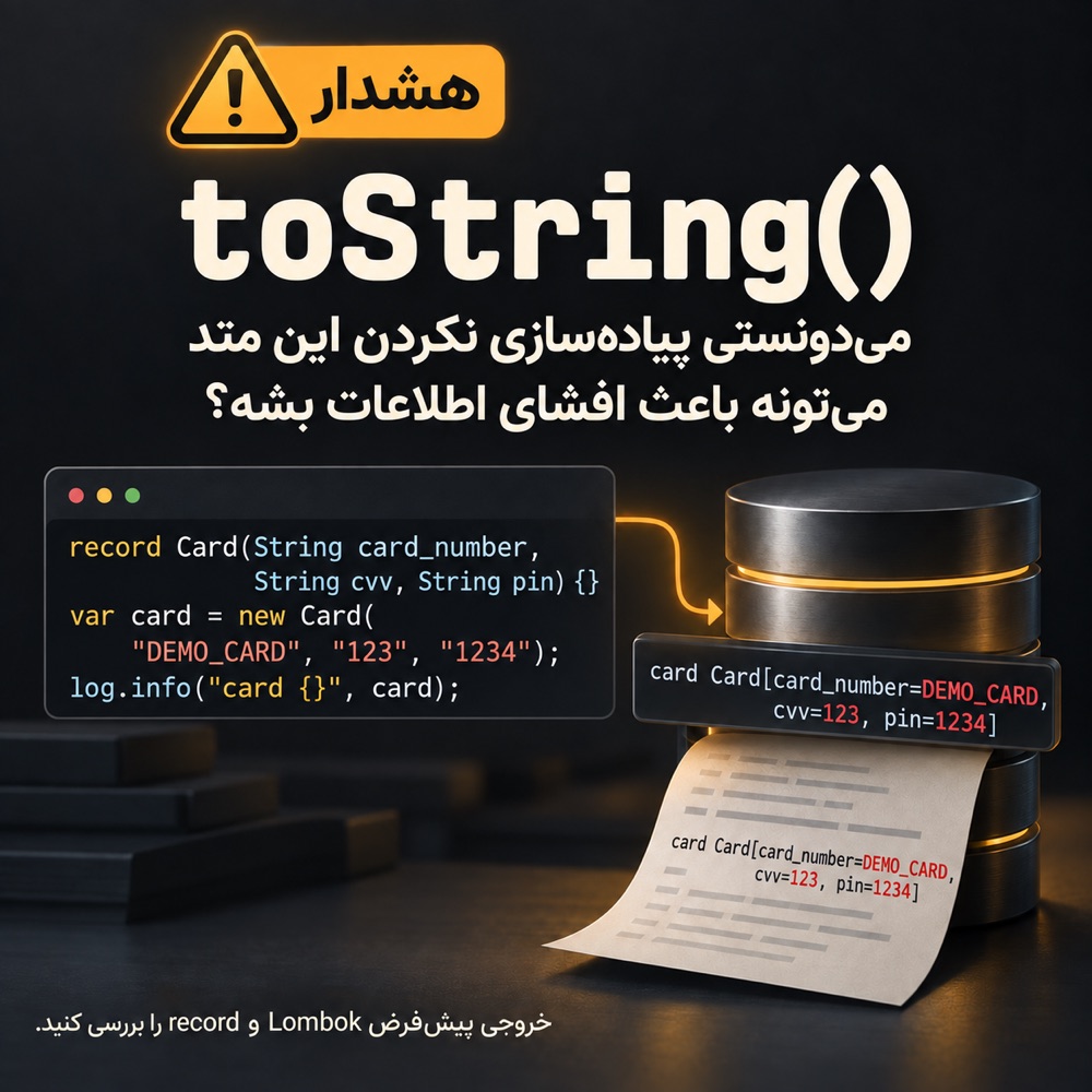 هشدار: پیاده‌سازی نکردن toString() می‌تونه باعث افشای اطلاعات بشه. نمونه کد جاوا با یه record به اسم Card که فیلدهای card_number، cvv و pin داره؛ لاگ‌کردن آبجکتش با خروجی پیش‌فرض toString() تمام این فیلدها رو توی لاگ و روی کاغذ چاپ می‌کنه.